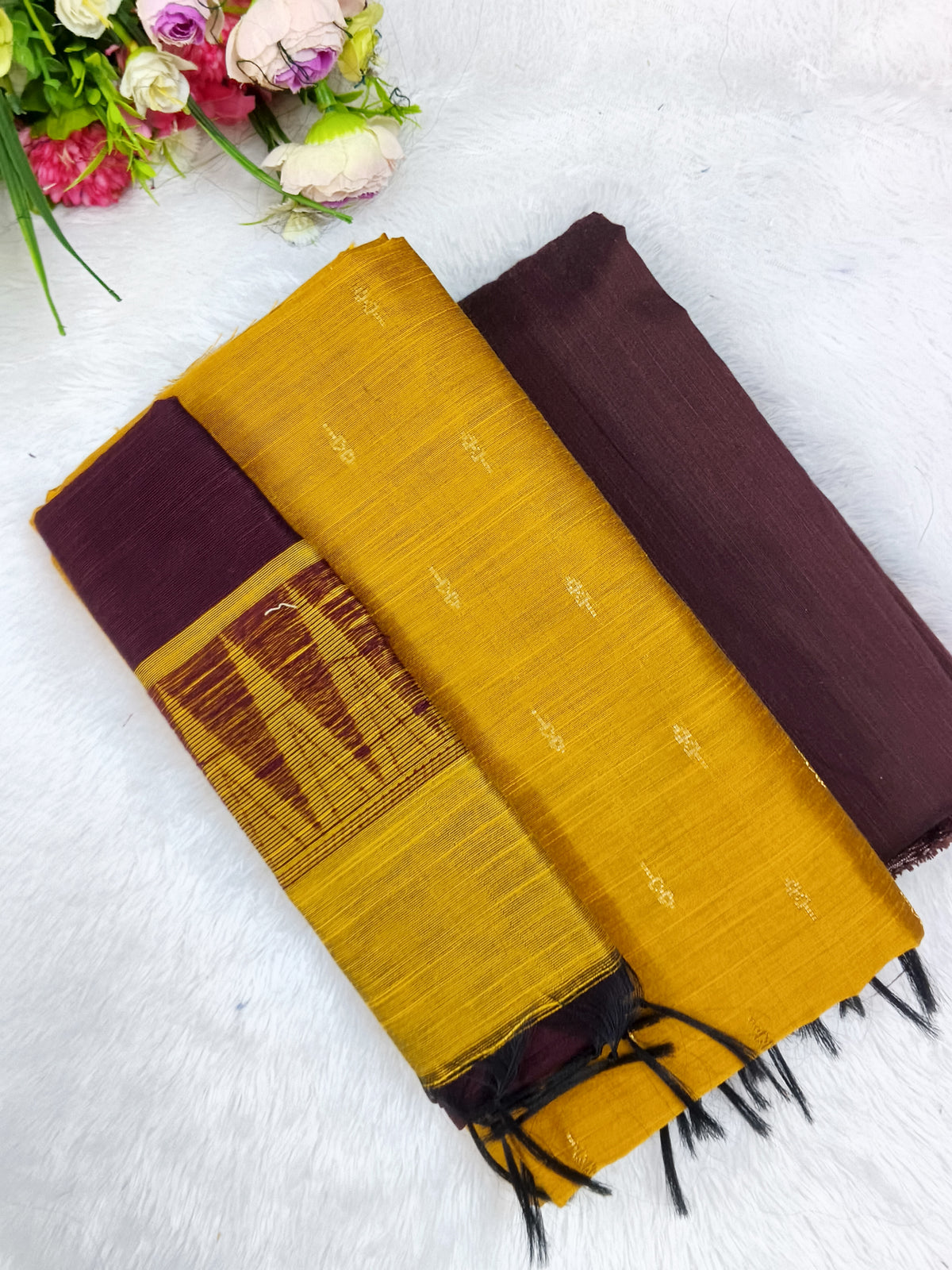 yellow with brownraw silk 3 piece set