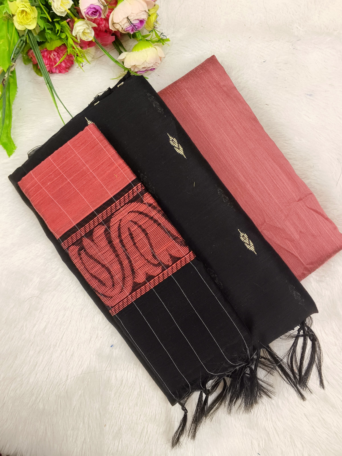 black with peech colour raw silk 3 piece set