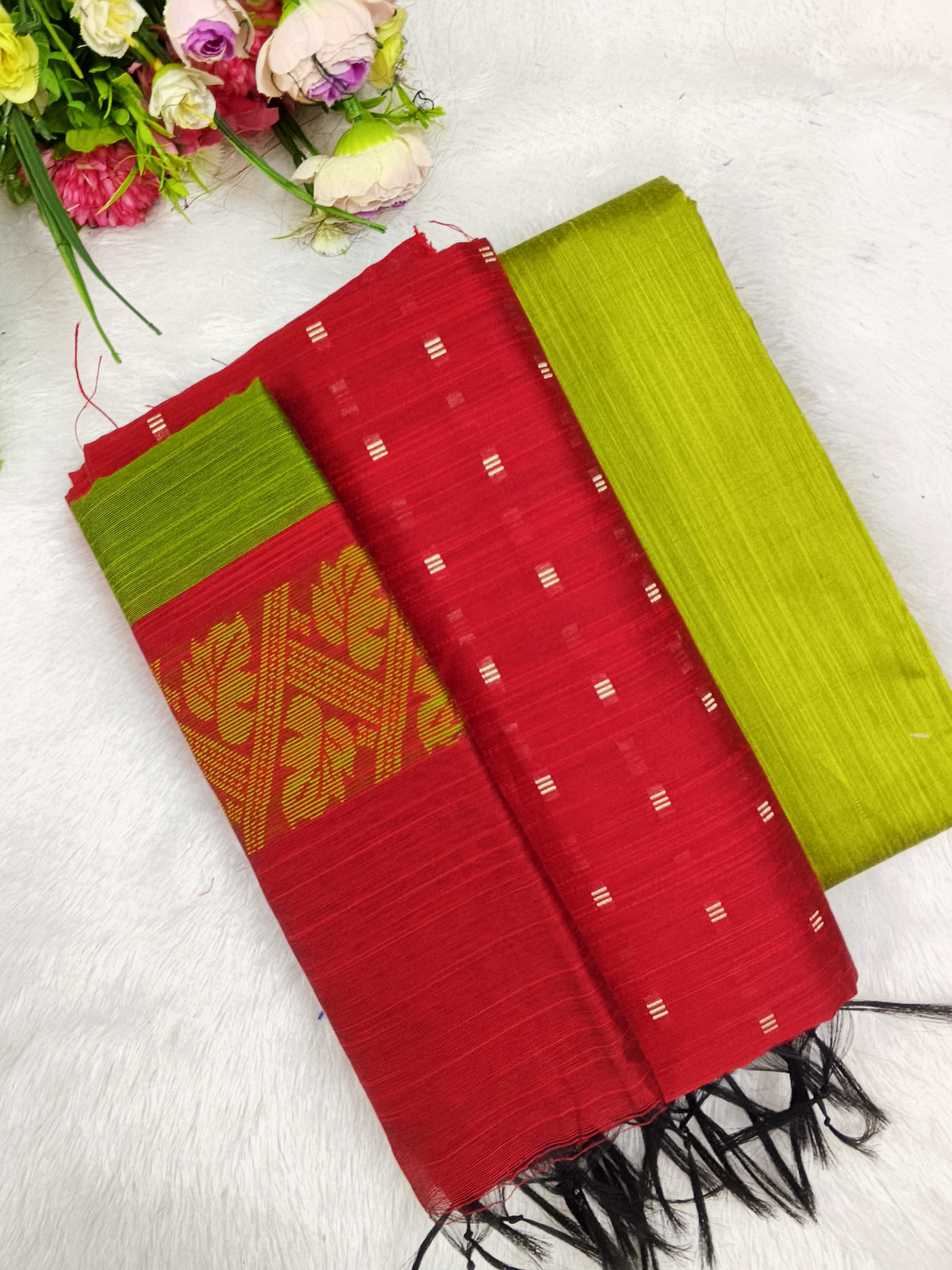 red with applr green raw silk 3 piece set