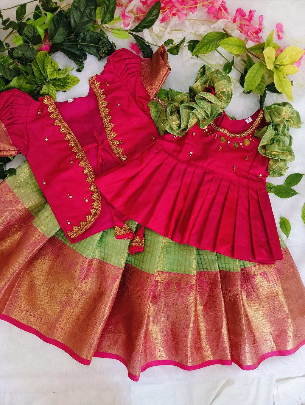 Dress up your little princess in this Pink & Green Silk Gown with Golden Zari Border
