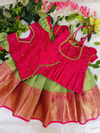 Dress up your little princess in this Pink & Green Silk Gown with Golden Zari Border