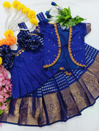 Kids Pattu Pavadai Set in a luxurious Deep Violet/Indigo rich combo with Gold and Silver Zari work.
