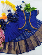 Kids Pattu Pavadai Set in a luxurious Deep Violet/Indigo rich combo with Gold and Silver Zari work.