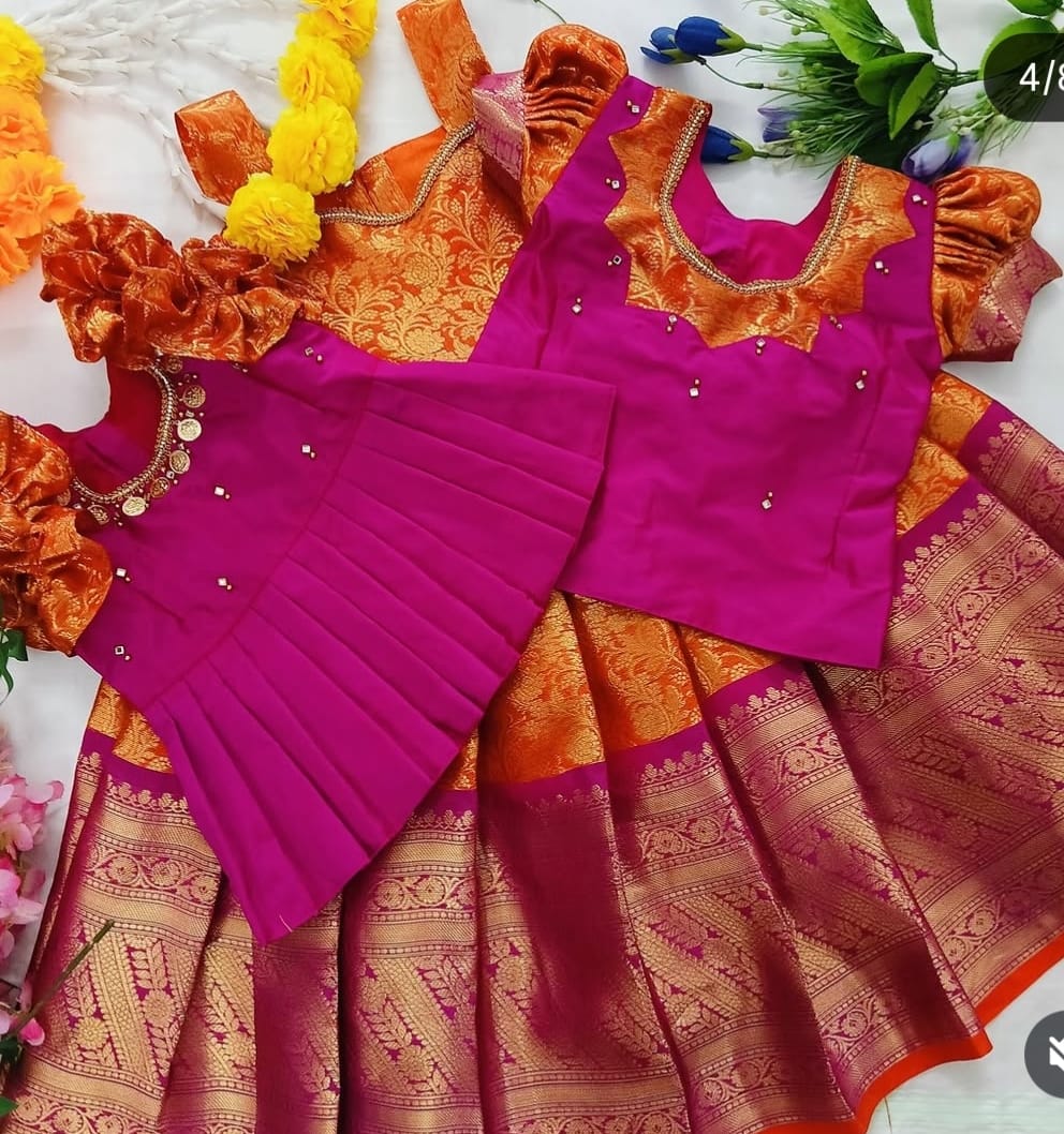 Bright Pink &amp; Orange Traditional Pattu Pavadai Set