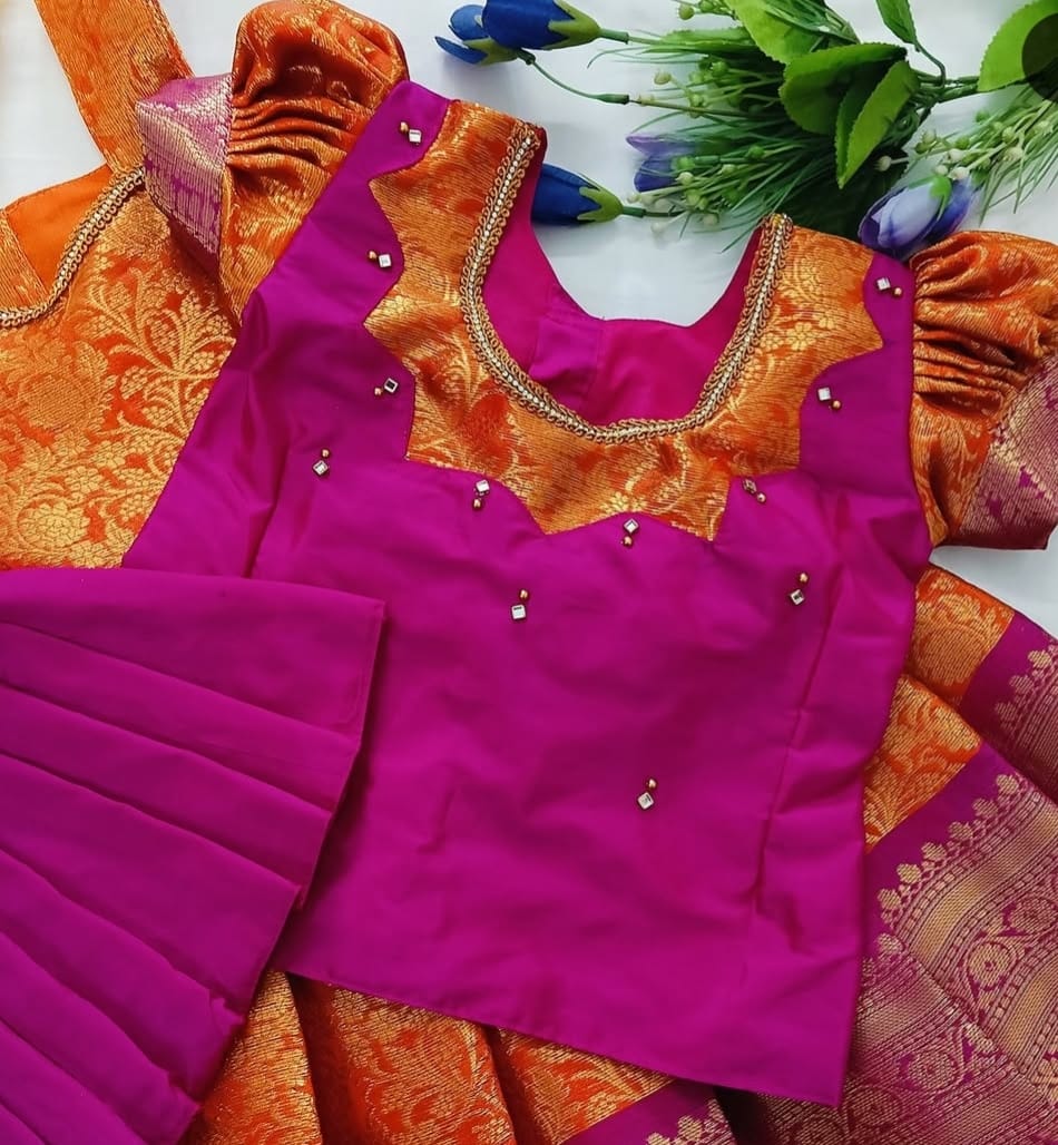 Bright Pink &amp; Orange Traditional Pattu Pavadai Set