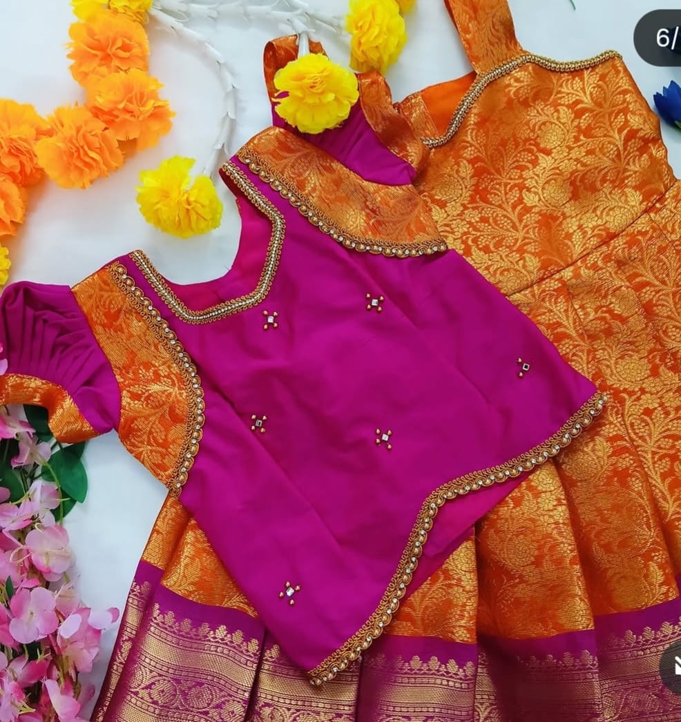 Bright Pink &amp; Orange Traditional Pattu Pavadai Set