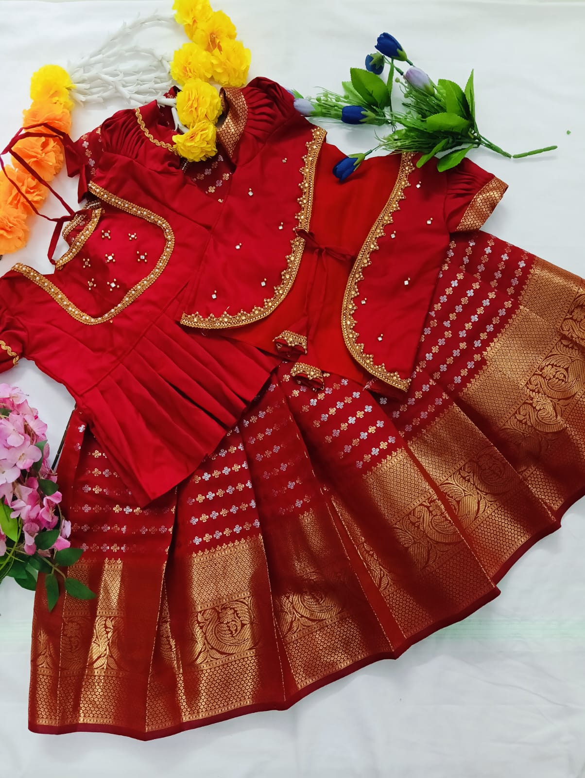 beautiful Deep Red rich combo with Gold and Silver Zari work.