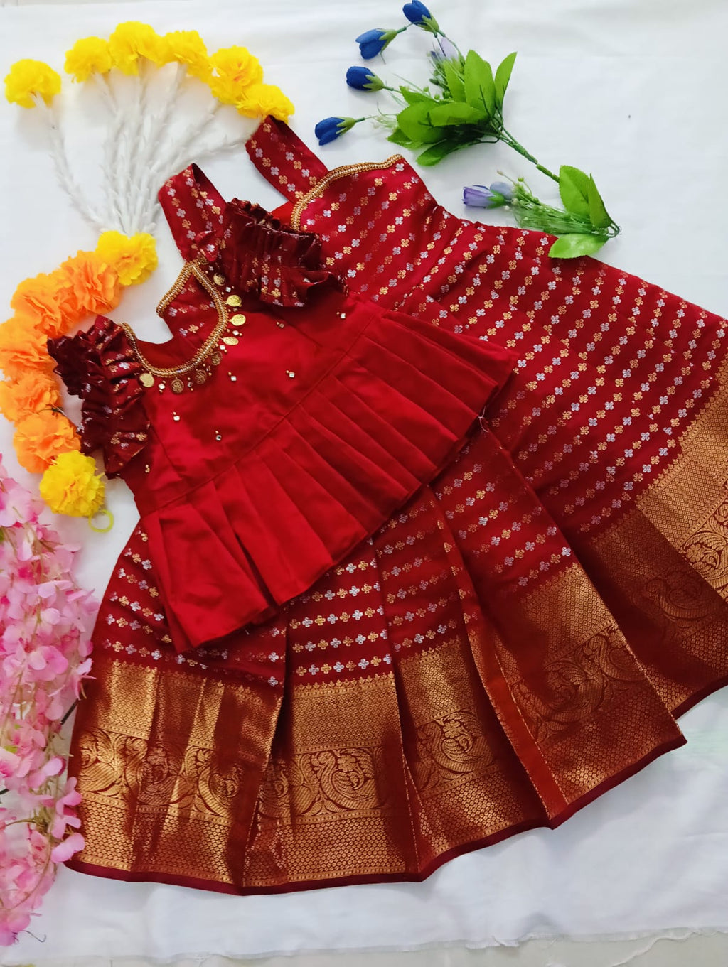 beautiful Deep Red rich combo with Gold and Silver Zari work.