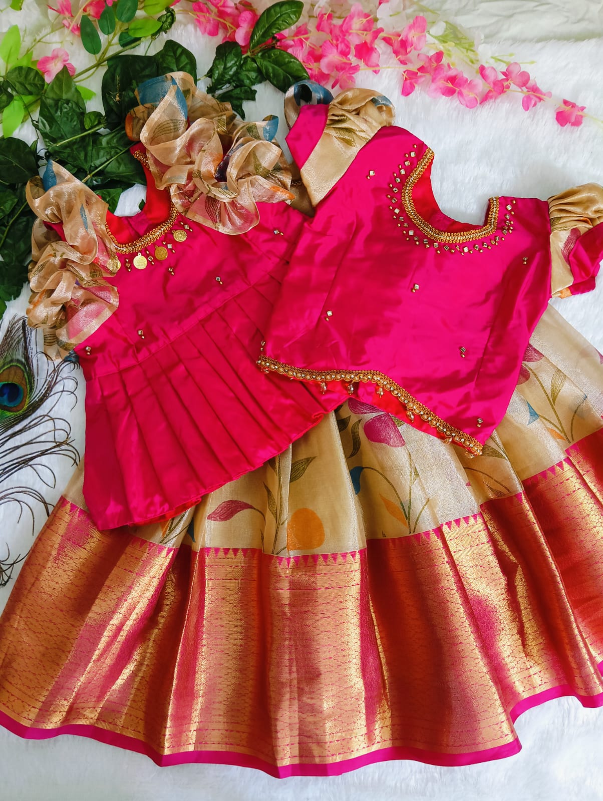 💖 Hot Pink &amp; Gold Pattu Pavadai – 4 Stunning Tops