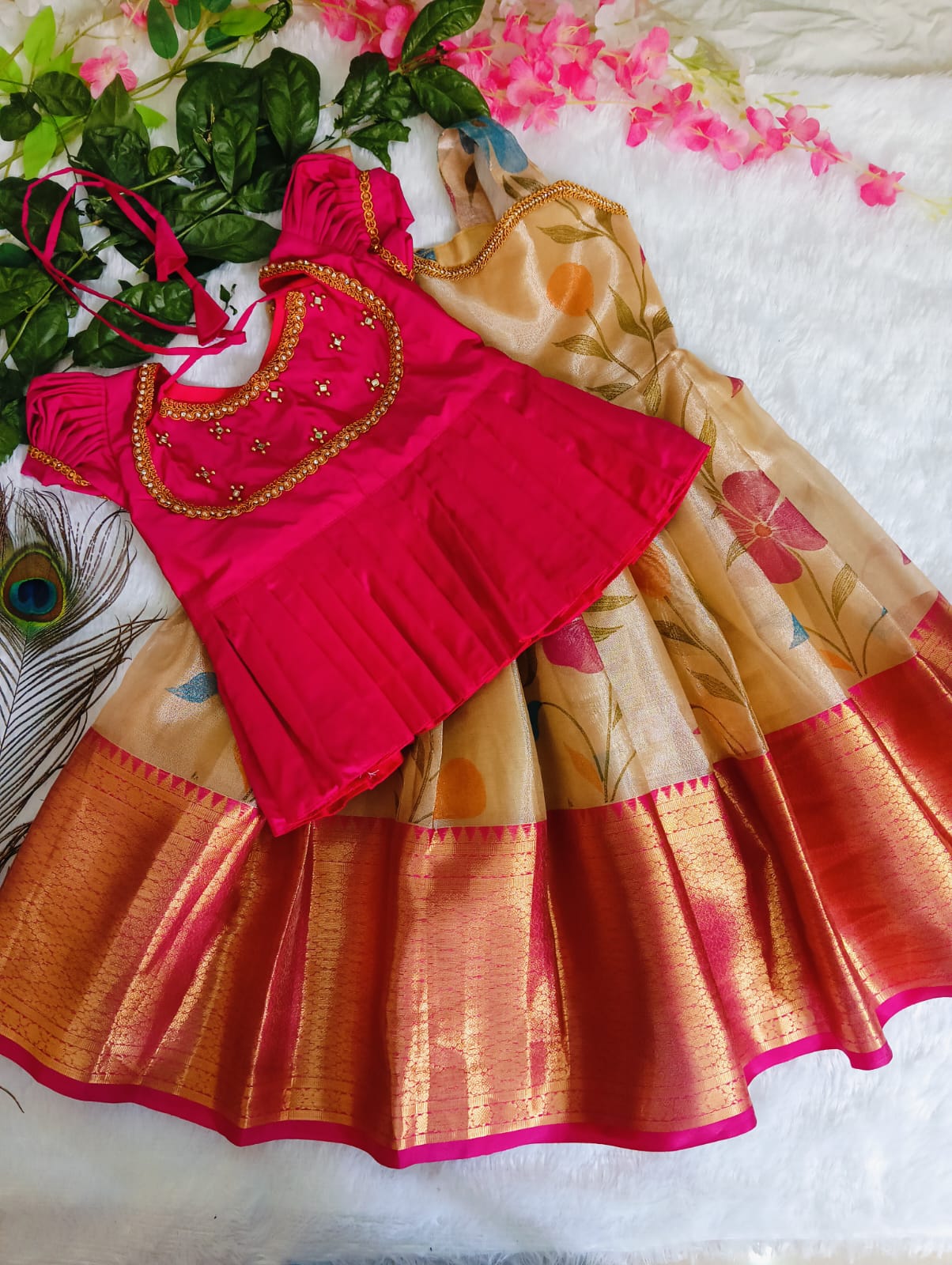 💖 Hot Pink &amp; Gold Pattu Pavadai – 4 Stunning Tops