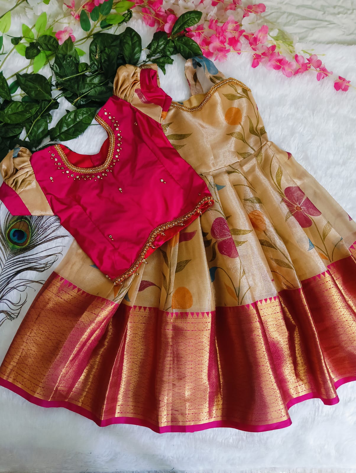 💖 Hot Pink &amp; Gold Pattu Pavadai – 4 Stunning Tops