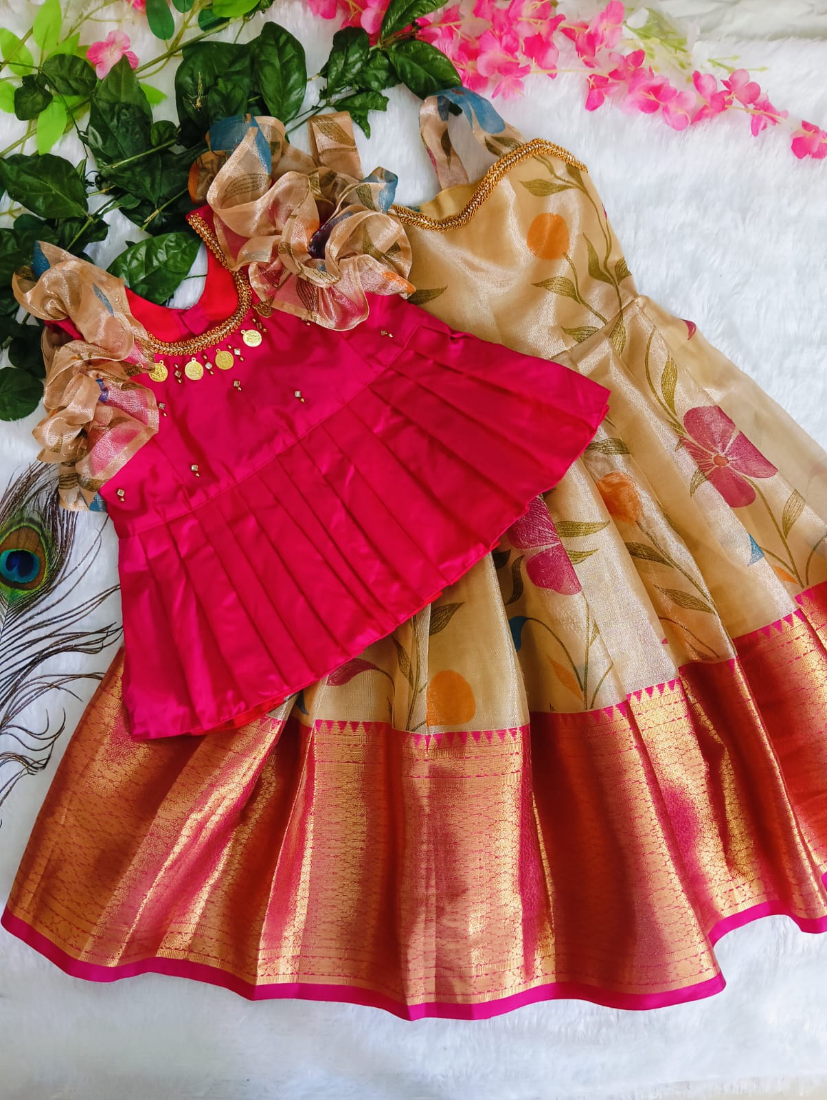 💖 Hot Pink &amp; Gold Pattu Pavadai – 4 Stunning Tops