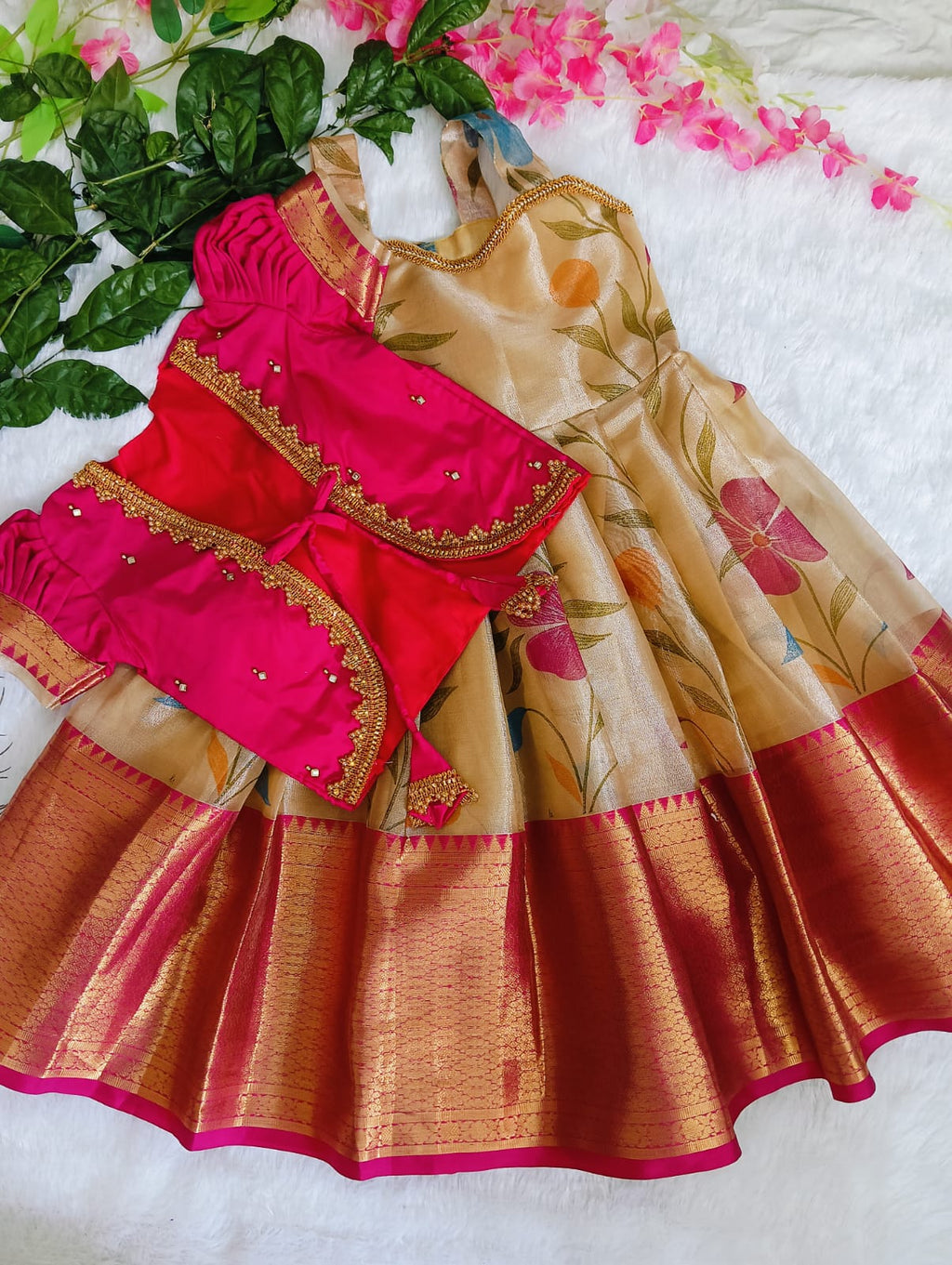 💖 Hot Pink &amp; Gold Pattu Pavadai – 4 Stunning Tops