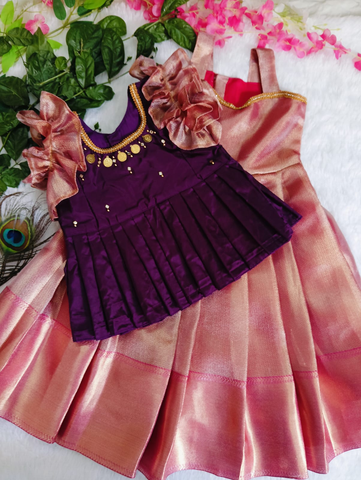 Stunning Pink &amp; Purple Handloom Pattu Pavadai set