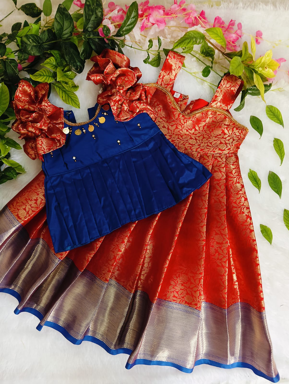 Royal Blue Red Kids Pattu Gown Set – One Gown with 5 Different Tops