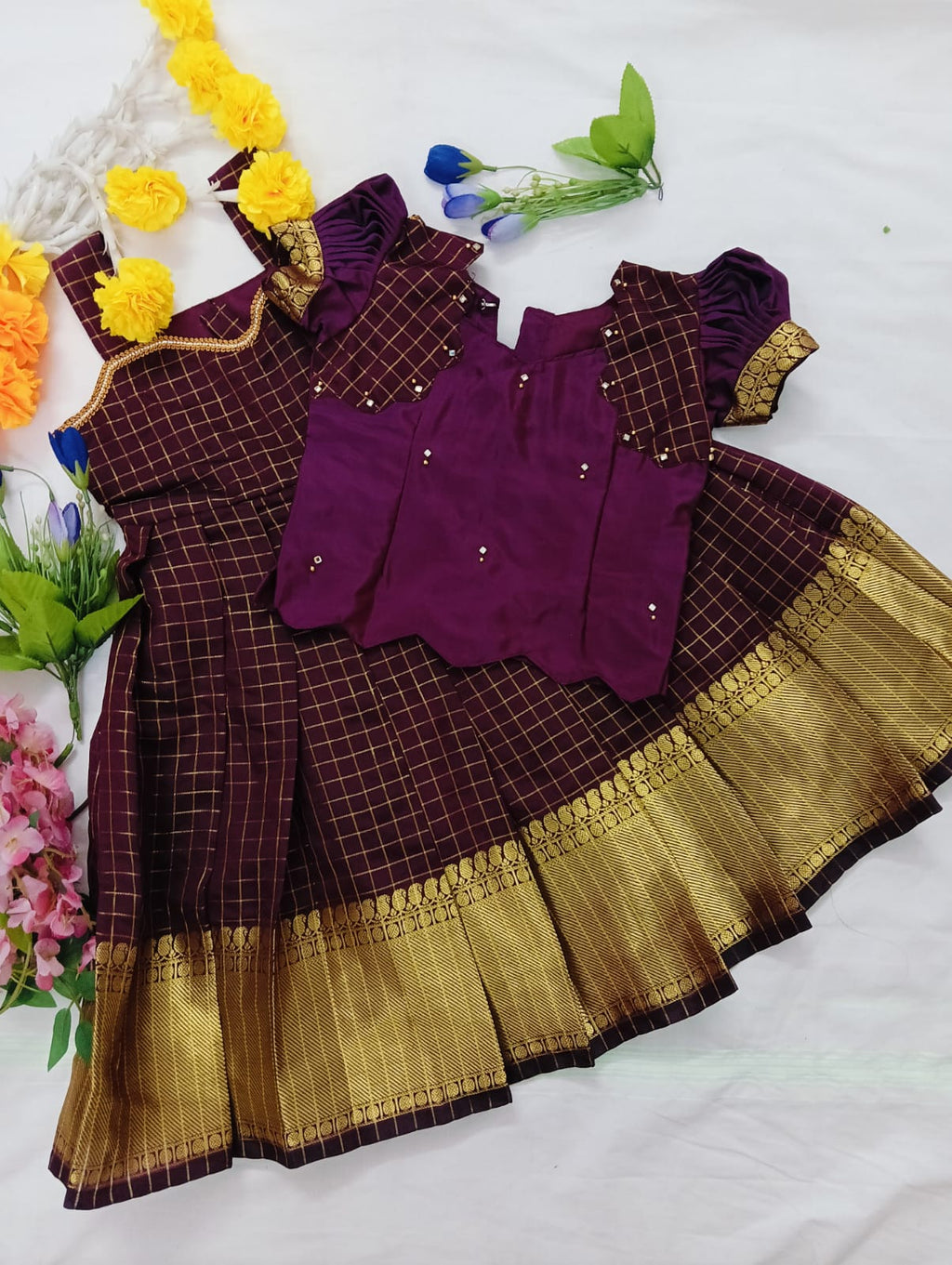 Kids Pattu Pavadai Set – Maroon &amp; Gold Check Design One frock + 5 different top designs available: