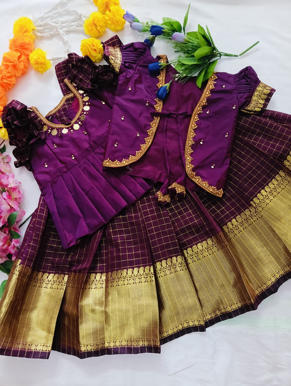 Kids Pattu Pavadai Set – Maroon &amp; Gold Check Design One frock + 5 different top designs available: