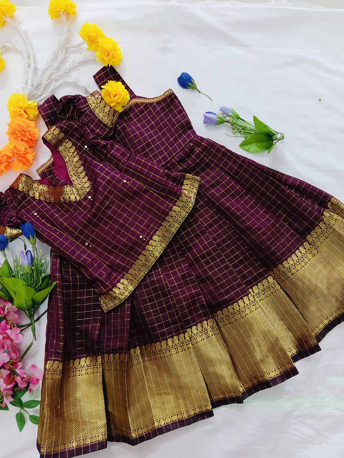 Kids Pattu Pavadai Set – Maroon &amp; Gold Check Design One frock + 5 different top designs available: