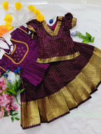 Kids Pattu Pavadai Set – Maroon &amp; Gold Check Design One frock + 5 different top designs available: