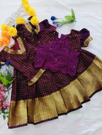 Kids Pattu Pavadai Set – Maroon &amp; Gold Check Design One frock + 5 different top designs available: