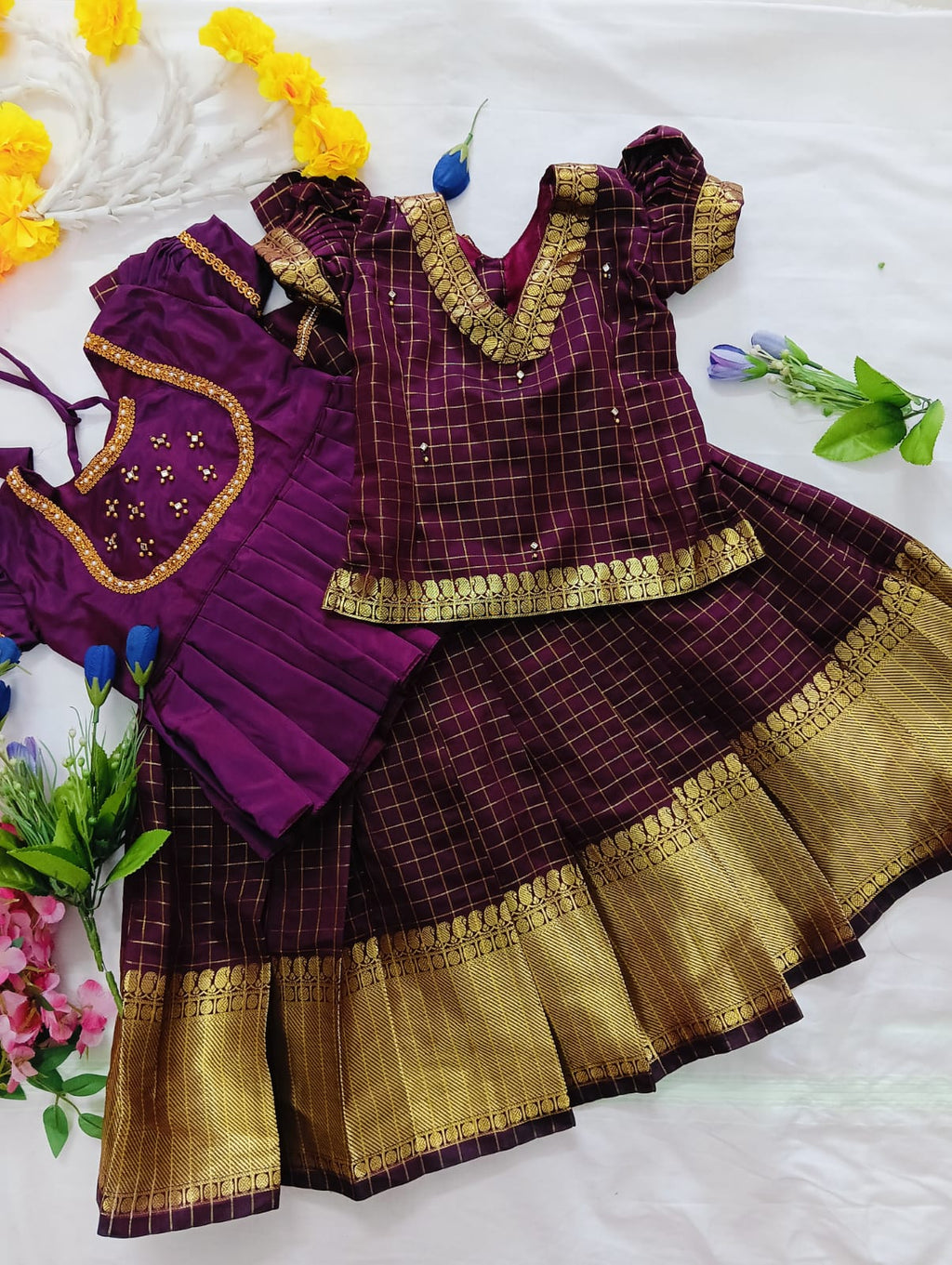 Kids Pattu Pavadai Set – Maroon &amp; Gold Check Design One frock + 5 different top designs available: