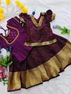 Kids Pattu Pavadai Set – Maroon &amp; Gold Check Design One frock + 5 different top designs available: