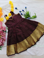 Kids Pattu Pavadai Set – Maroon &amp; Gold Check Design One frock + 5 different top designs available: