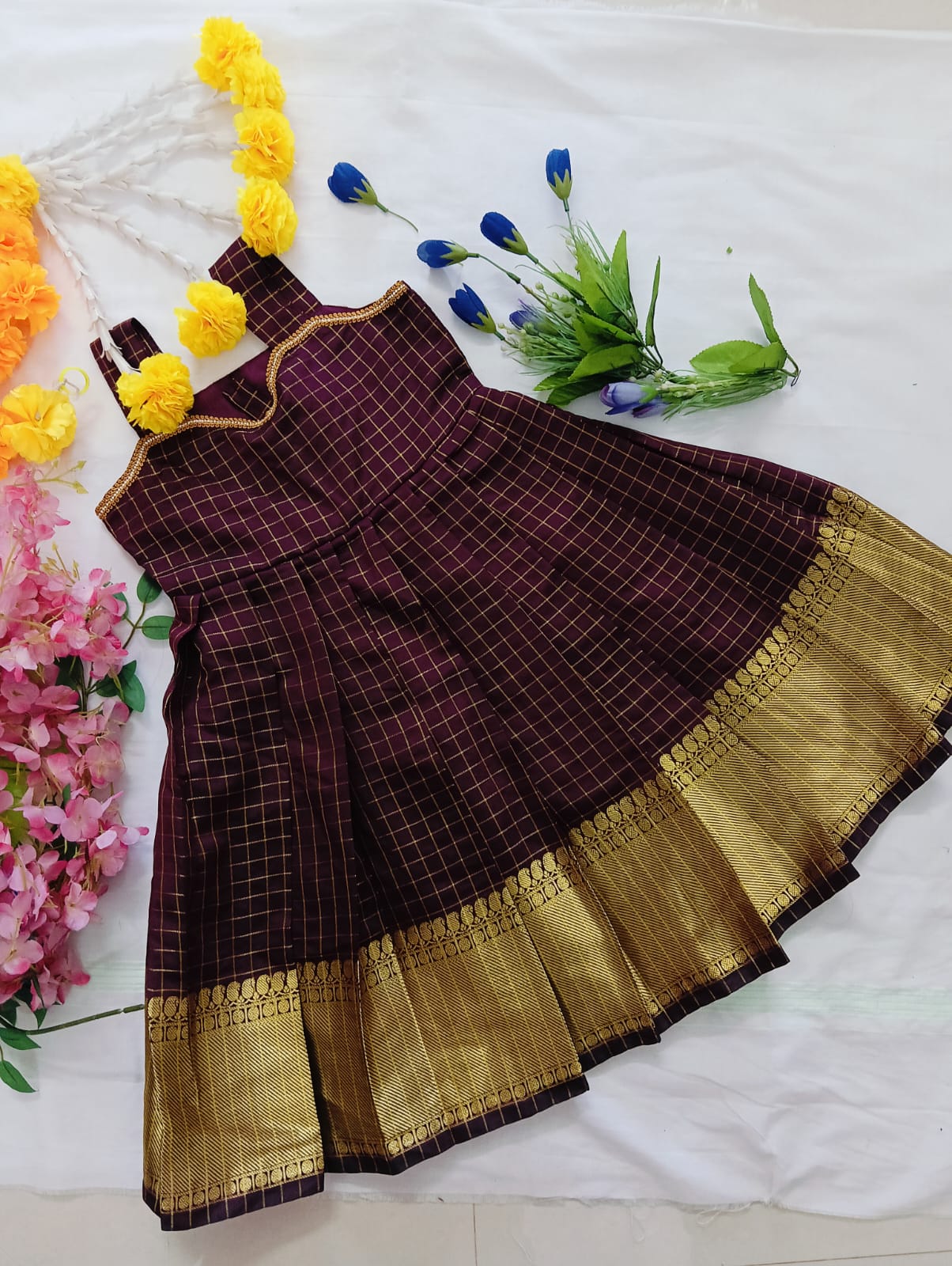 Kids Pattu Pavadai Set – Maroon &amp; Gold Check Design One frock + 5 different top designs available:
