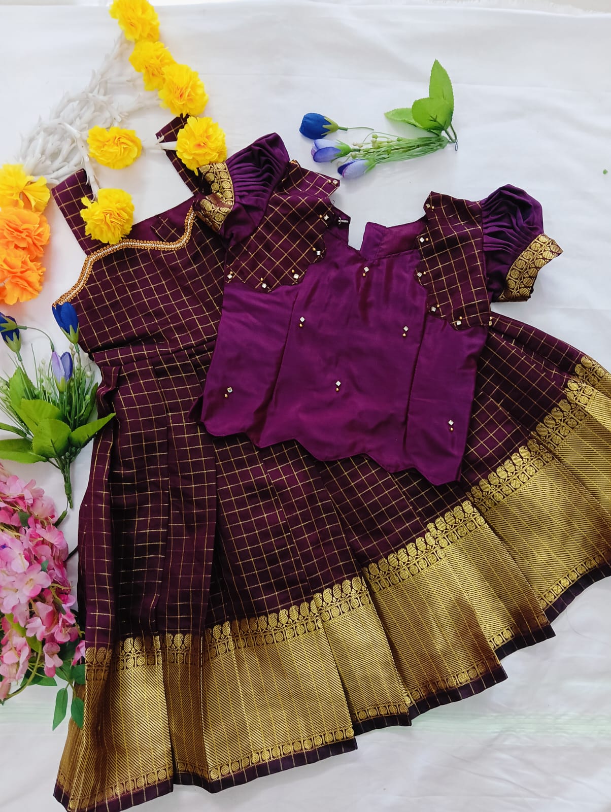 Kids Pattu Pavadai Set – Maroon &amp; Gold Check Design One frock + 5 different top designs available: