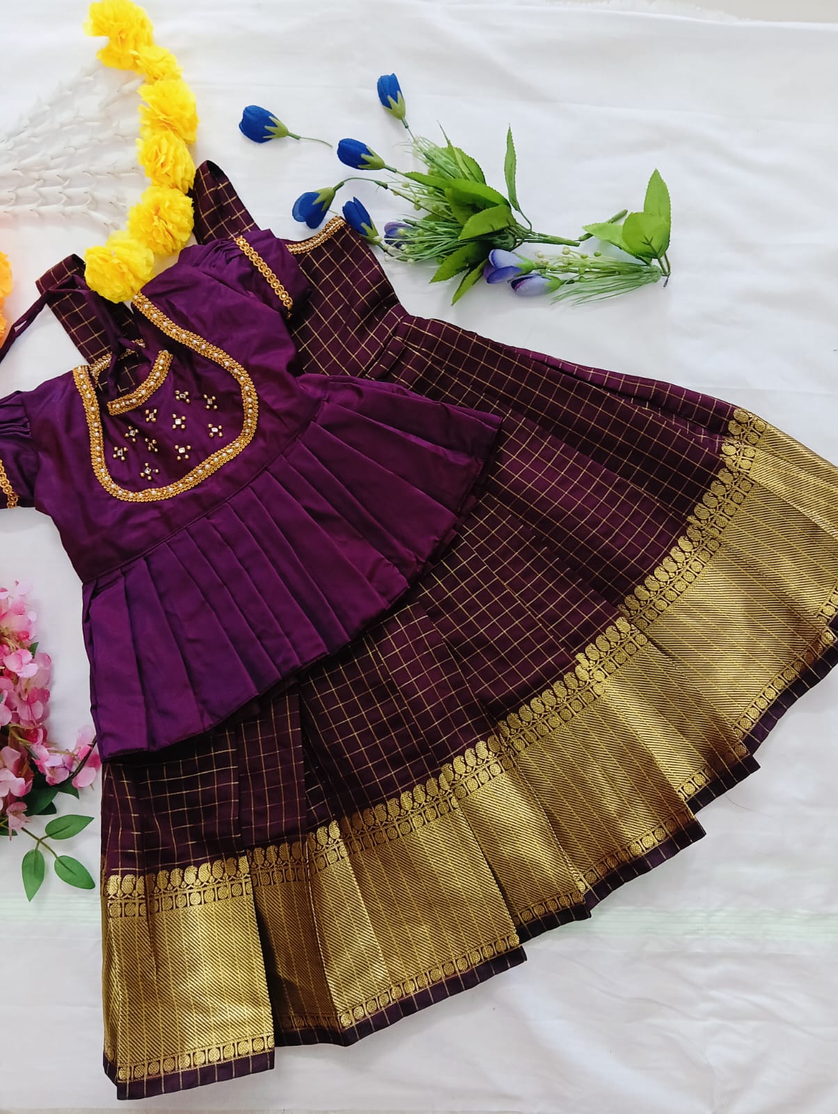 Kids Pattu pavadai - Dark Purple