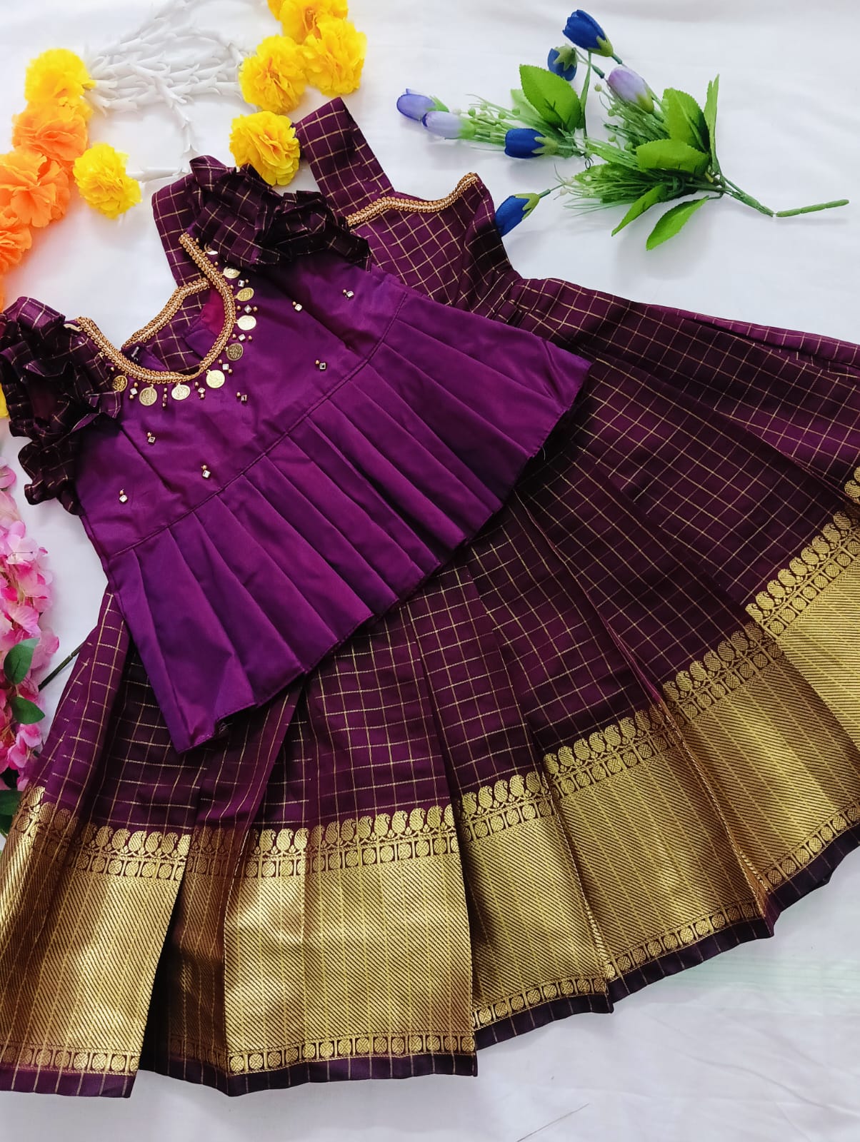 Kids Pattu pavadai - Dark Purple