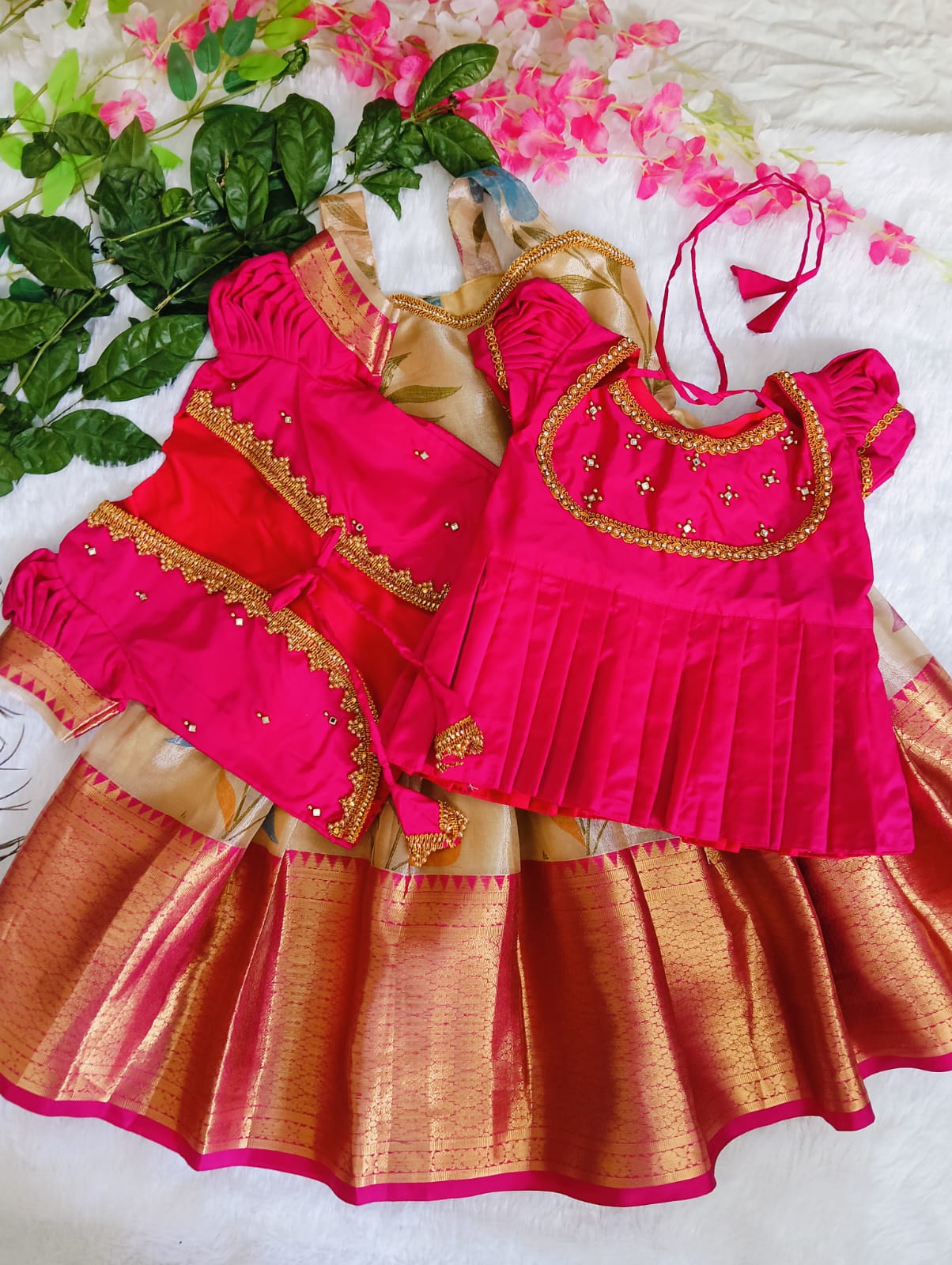 💖 Hot Pink &amp; Gold Pattu Pavadai – 4 Stunning Tops