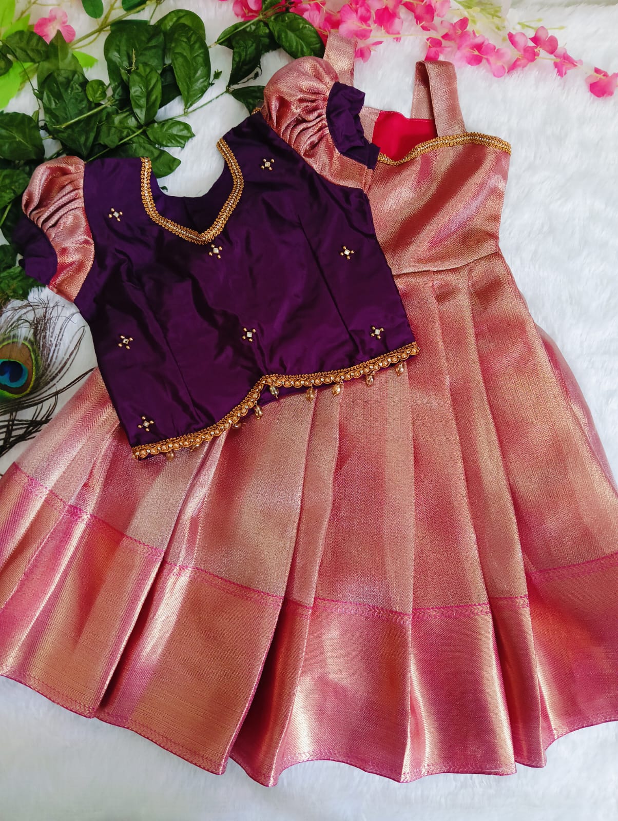 Stunning Pink &amp; Purple Handloom Pattu Pavadai set