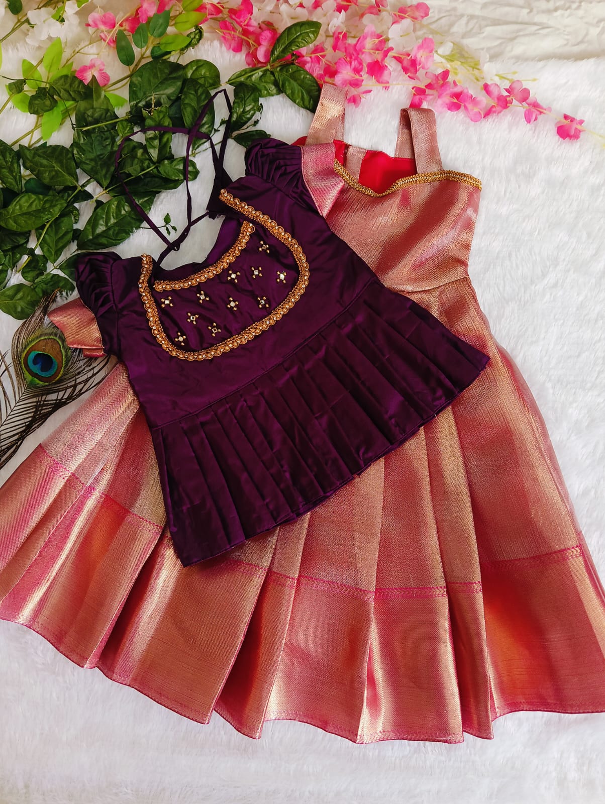 Stunning Pink &amp; Purple Handloom Pattu Pavadai set