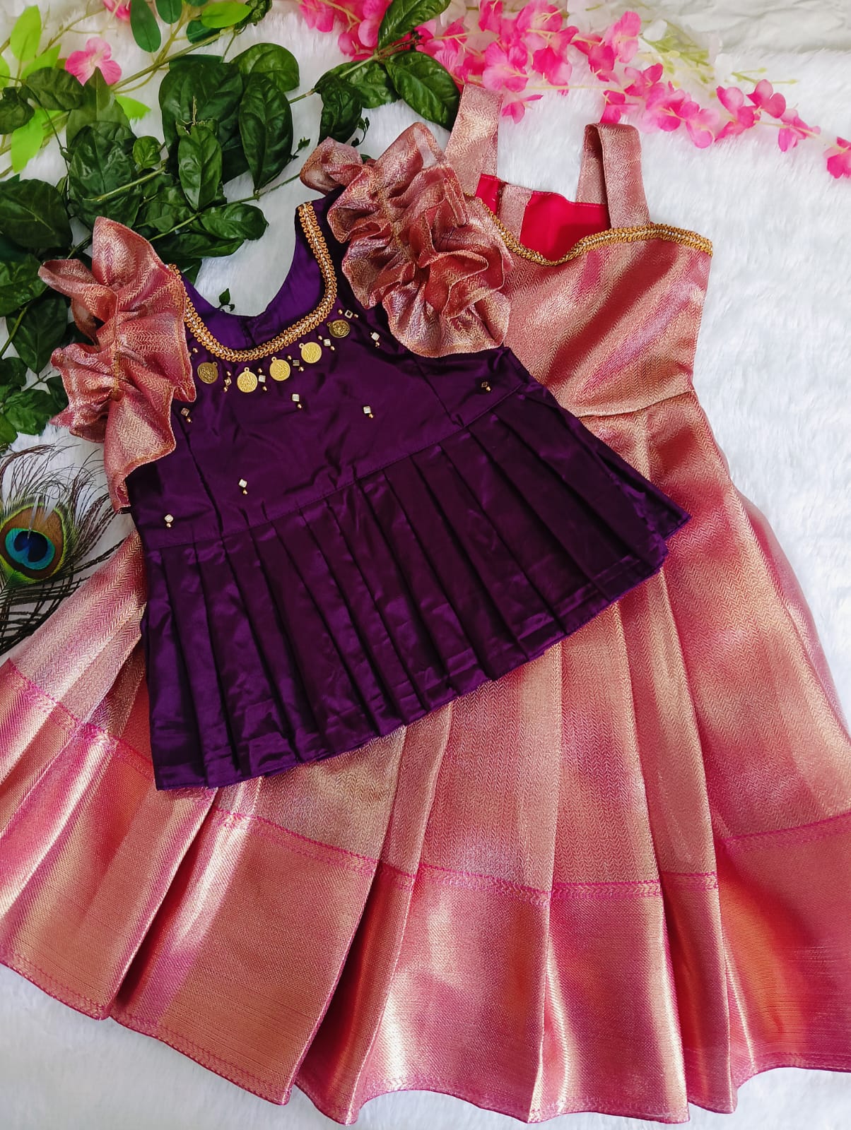 Stunning Pink &amp; Purple Handloom Pattu Pavadai set