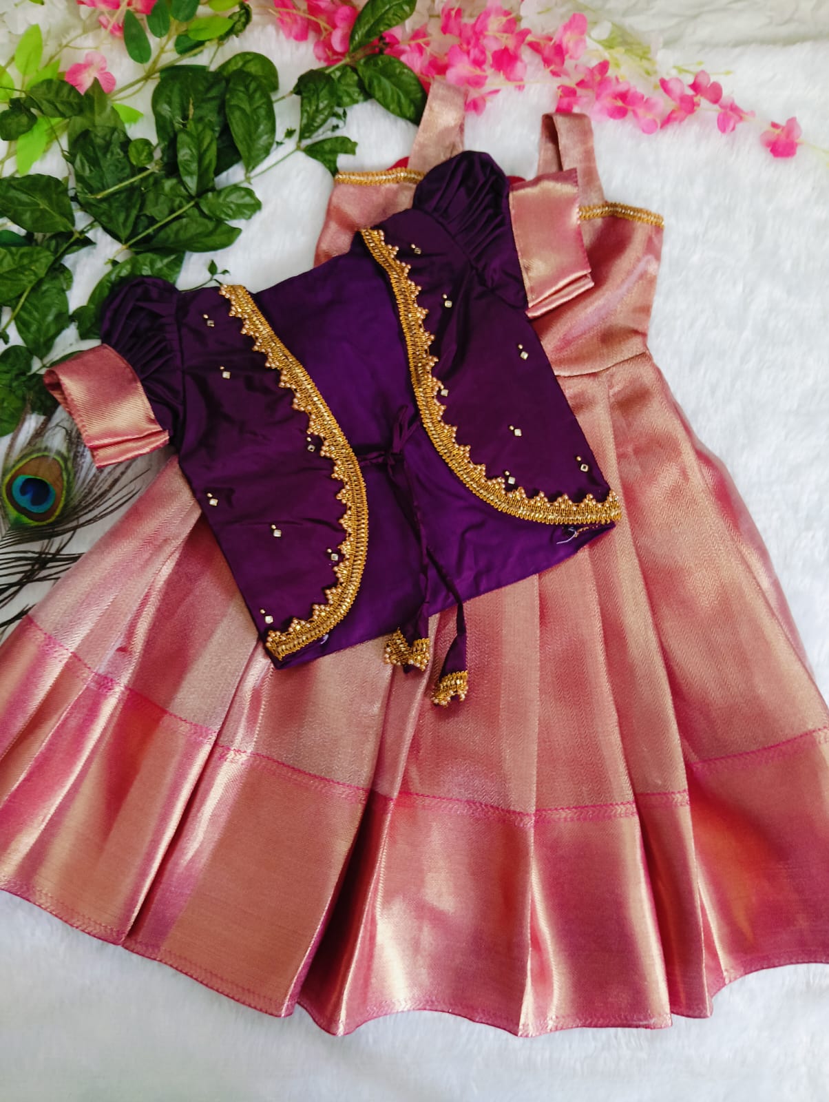 Stunning Pink &amp; Purple Handloom Pattu Pavadai set