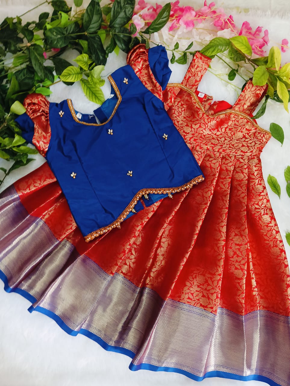 Royal Blue Red Kids Pattu Gown Set – One Gown with 5 Different Tops