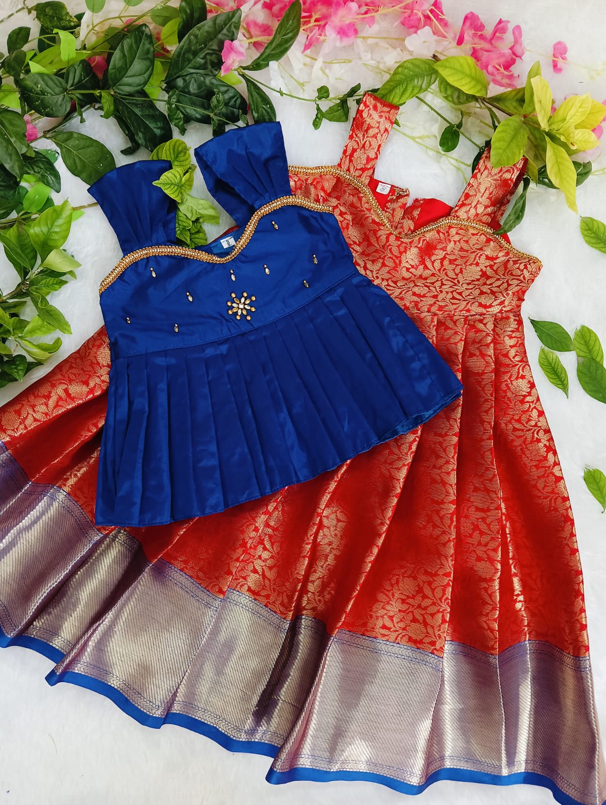 Royal Blue Red Kids Pattu Gown Set – One Gown with 5 Different Tops