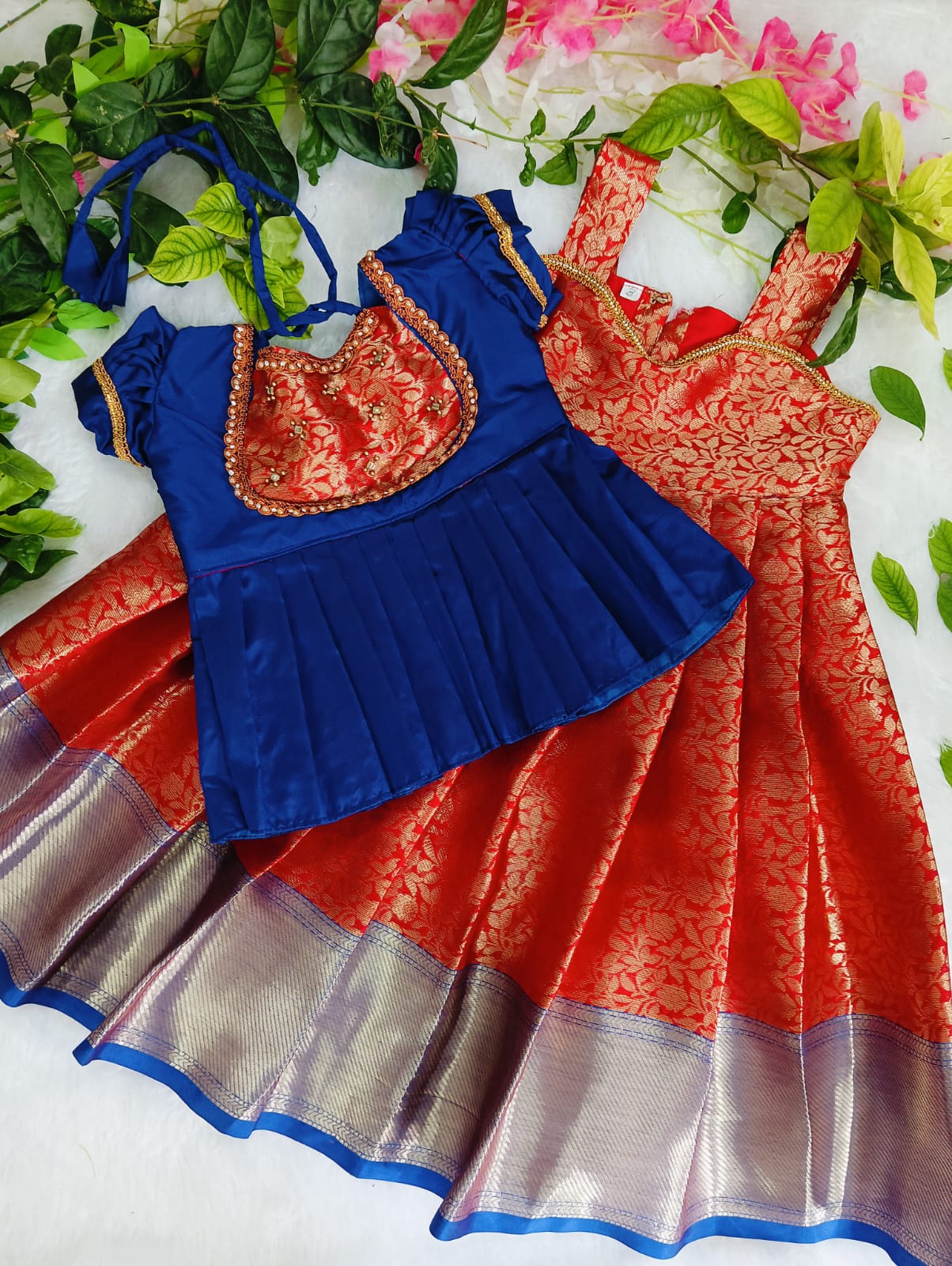 Royal Blue Red Kids Pattu Gown Set – One Gown with 5 Different Tops
